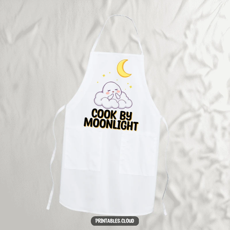 Funny apron featuring a cloud character singing a lullaby to a crescent moon, bringing a touch of whimsical charm to cooking.