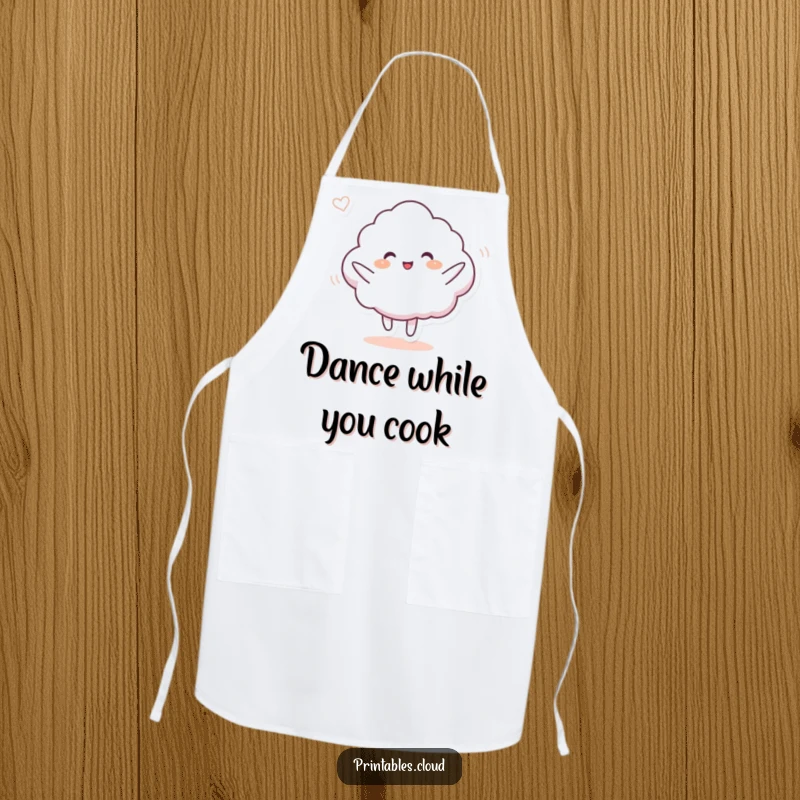 Funny apron featuring a cloud character doing a silly dance in a gentle breeze, adding humor and playfulness to kitchen activities.