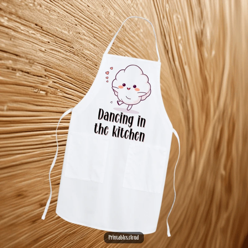 Funny apron with a dancing cloud character leaving a trail of happy sighs, ideal for adding peace to kitchen activities.