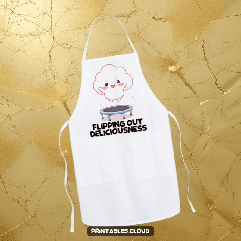Funny apron depicting a fluffy cloud character joyfully bouncing on a trampoline, bringing energy to the kitchen.