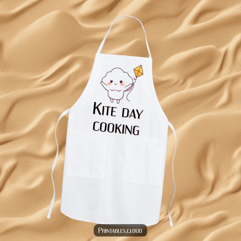 Funny apron featuring a happy cloud character with arms spread wide, riding a kite, ready for kitchen adventures with a smile.