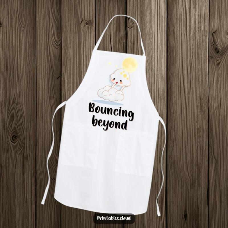 Funny apron depicting a joyful cloud character bouncing the moon like a ball, perfect for kitchen fun and protection.