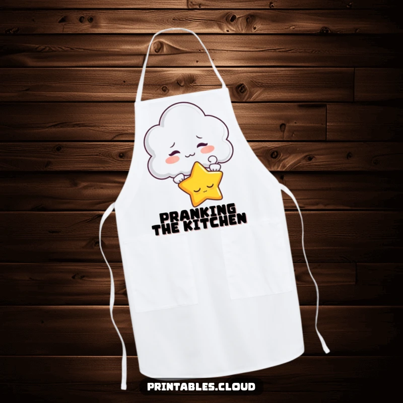 Funny apron depicting a mischievous cloud character teasing a sleepy star with a puff, perfect for kitchen fun.