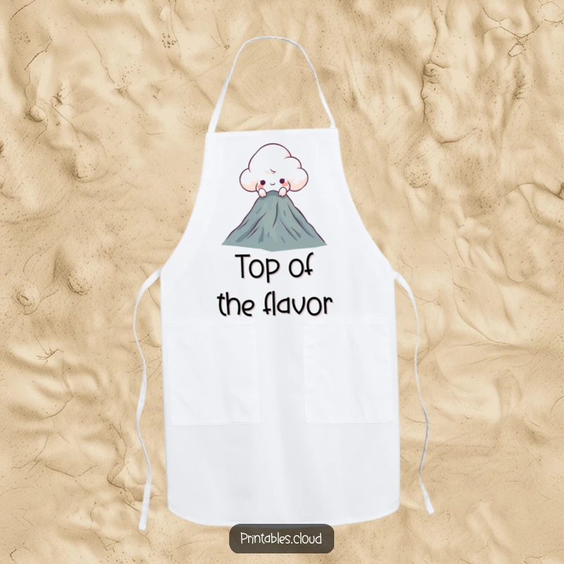 Funny curious cloud apron, peeking over a mountain, a humorous kitchen garment for protection and exploration.