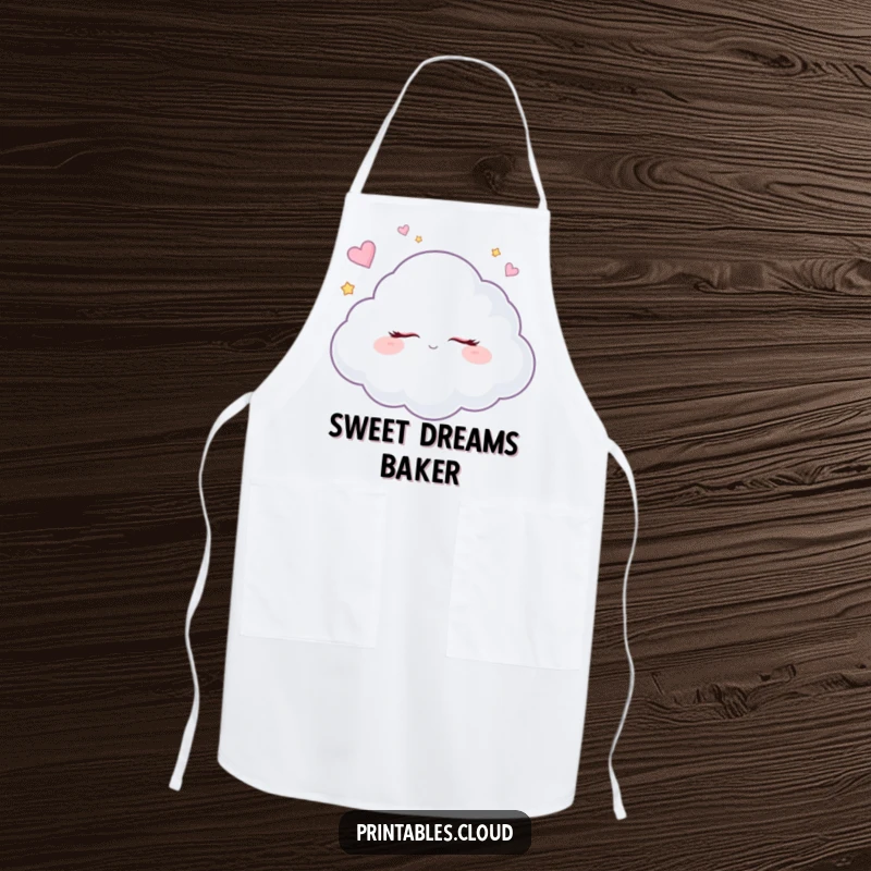 Funny dreaming cloud apron for cooking, eyes closed, imagining sugar plums, bringing humor to the kitchen.
