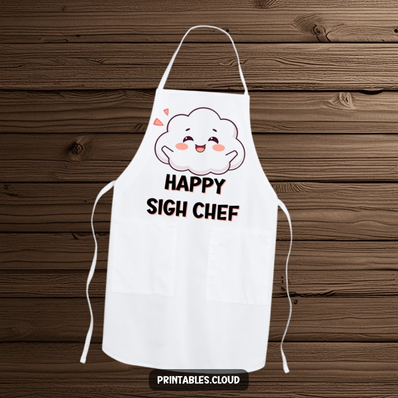 Funny apron featuring a blissful cloud character in a joyful pose, exhaling a happy sigh, ready for kitchen tasks.