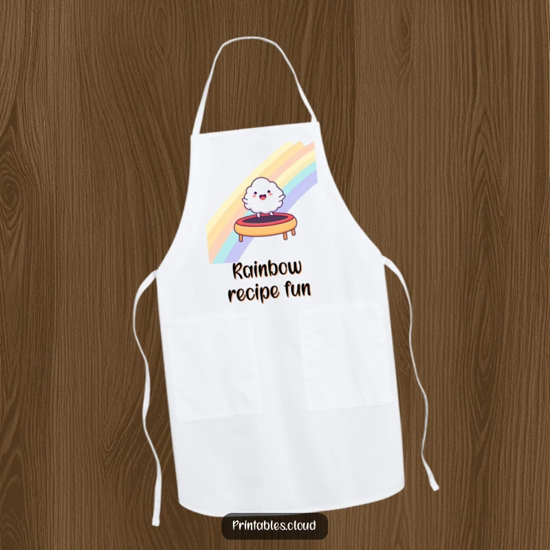 Funny apron showing a happy cloud character bouncing on a rainbow trampoline, ideal for a fun and clean cooking experience.