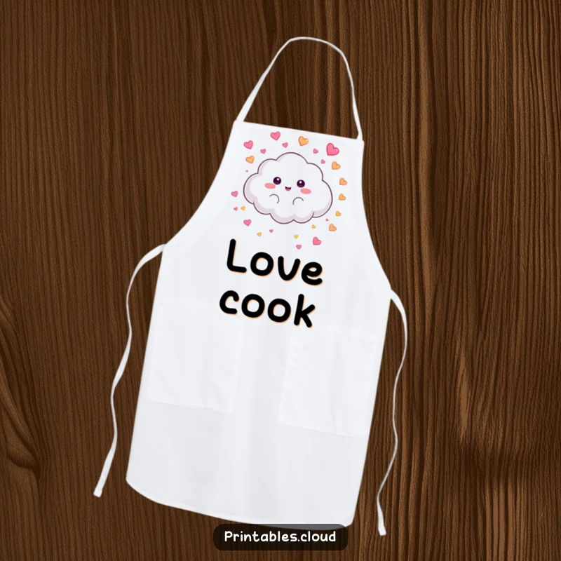 Funny Apron: A fluffy cloud character rains colorful hearts while cooking, adding humor and sweetness to kitchen wear.