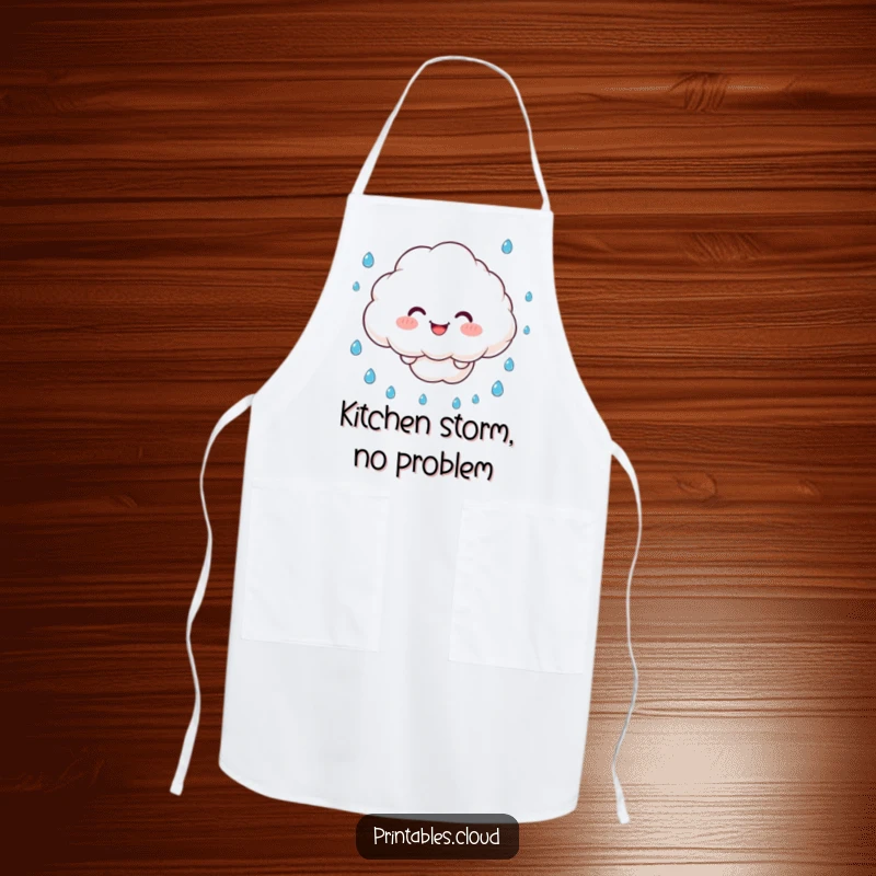 Funny Apron: A beaming cloud character juggles raindrops, bringing playful weather humor to the kitchen.
