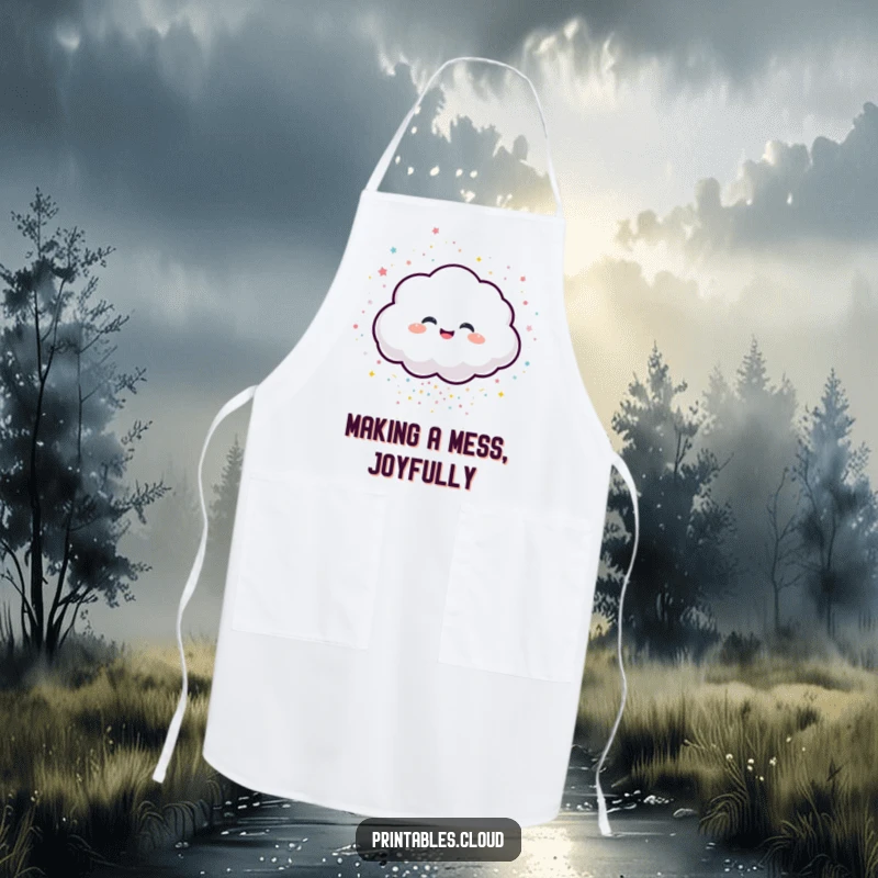 Funny apron featuring a giggling cloud character spilling a shower of sparkling confetti, perfect for festive cooking.