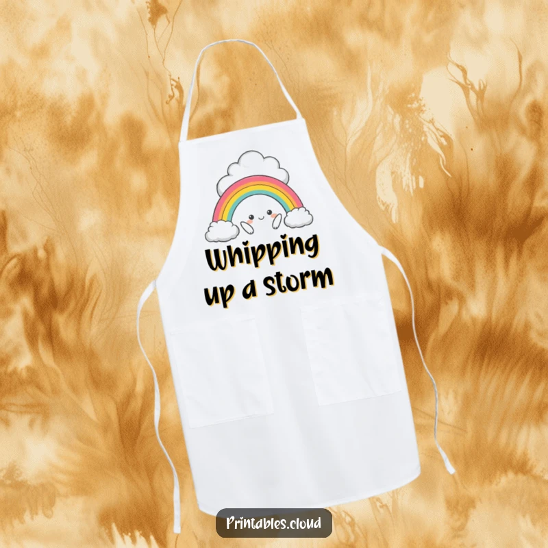 Funny apron showing a mischievous cloud character creating a miniature rainbow while cooking, adding humor to the kitchen.