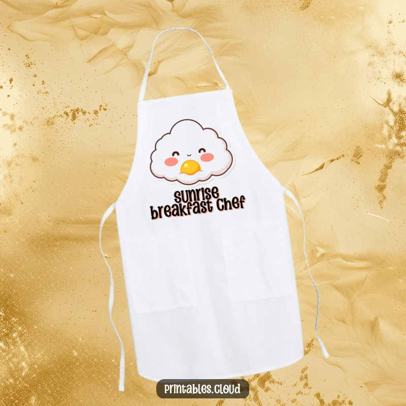 Funny apron featuring a rosy-cheeked cloud character joyfully watching a tiny sun rise, ready for kitchen tasks.