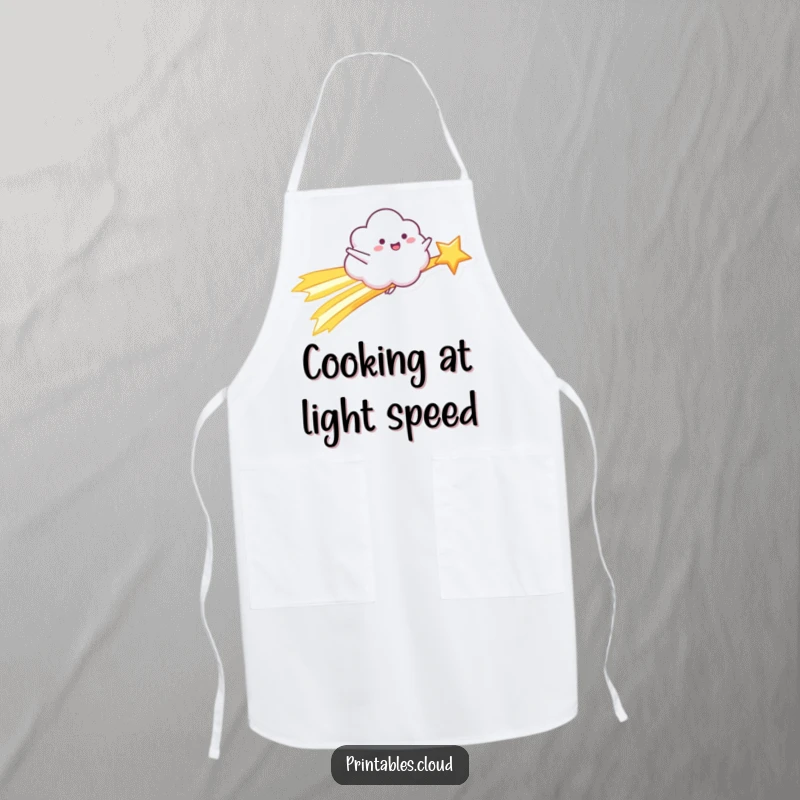 Funny Apron: A happy cloud character rides a shooting star with arms outstretched, bringing cosmic humor to cooking.