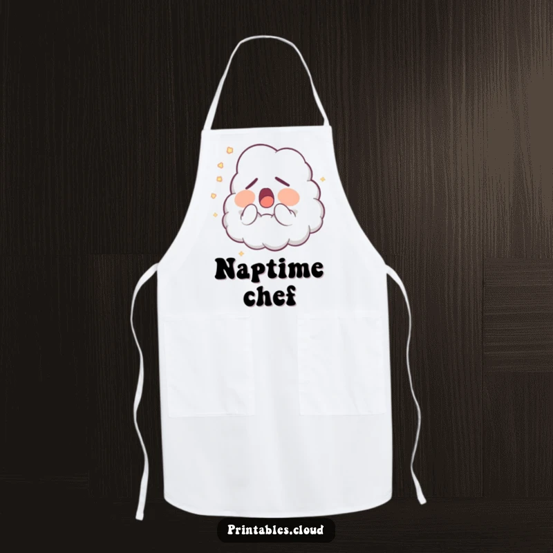 Funny Apron: A sleepy cloud character yawns while cooking, releasing slightly glowing dust, a humorous addition to kitchen wear.