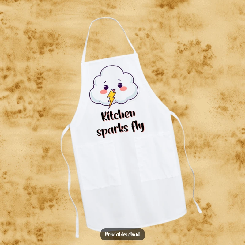 Funny Surprised Cloud Apron showing a shocked cloud character reacting to a playful, giggling lightning bolt, perfect for cooking with humor.