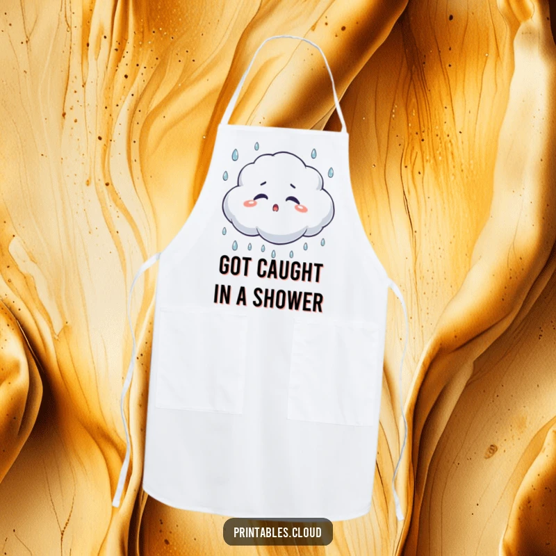 Funny surprised cloud apron, blinking while raindrops fall, a humorous kitchen garment for protection and laughs.