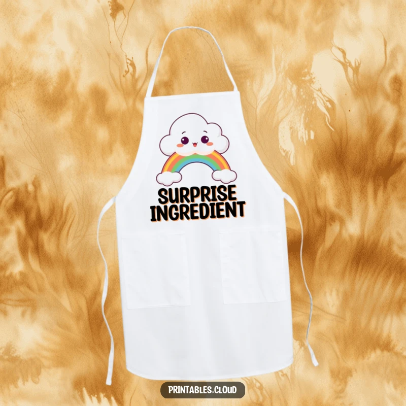 Funny Apron featuring a surprised cloud peeking over a rainbow, perfect for adding whimsical charm to the kitchen.