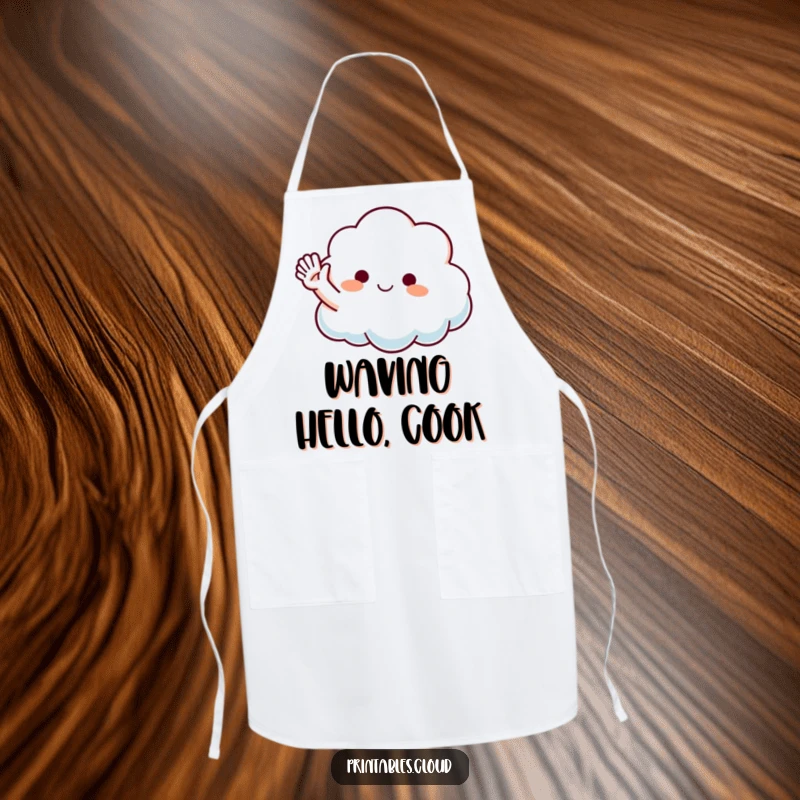 Funny Waving Cloud Apron showing a fluffy cloud character waving a playful arm, offering a cheerful and humorous welcome in the kitchen.