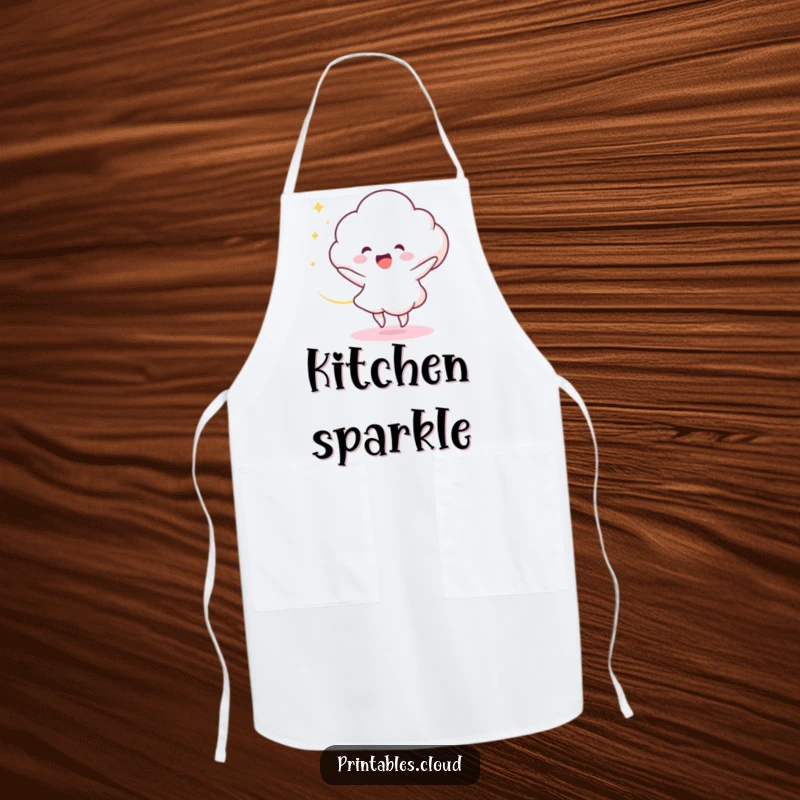 Funny Apron: A delighted cloud character dances while cooking, leaving a swirl of light, adding humor to kitchen wear.
