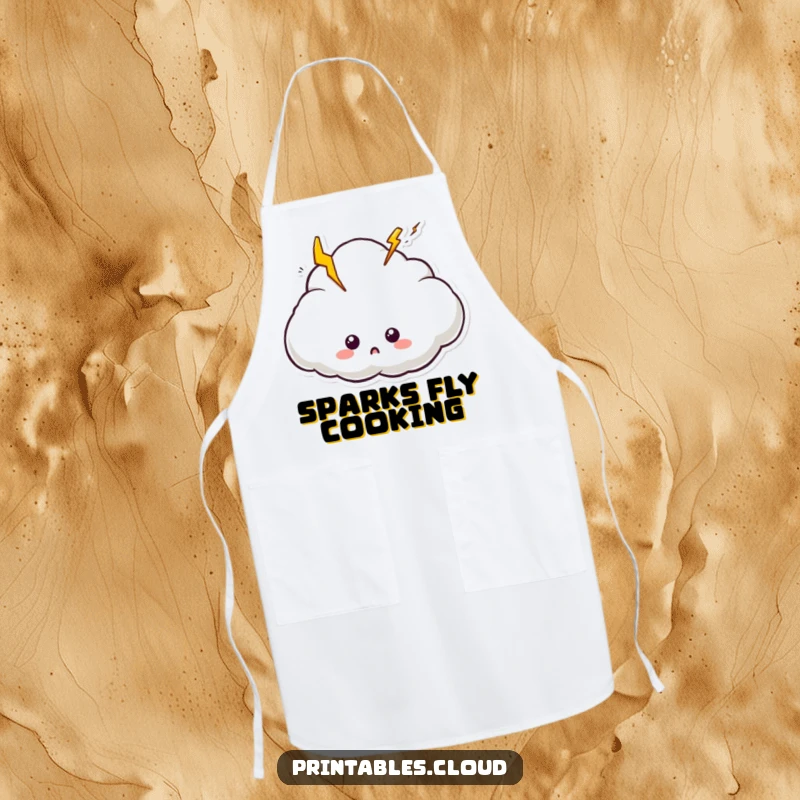 Funny apron depicting a surprised cloud with lightning bolts, perfect for adding electric humor to the kitchen.