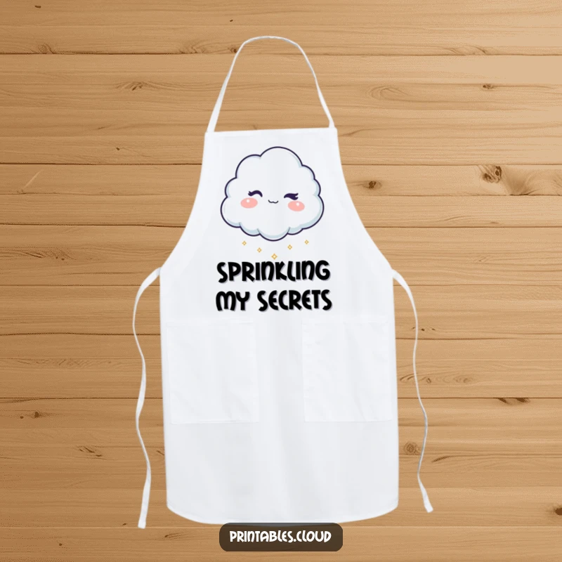 Funny apron with a mischievous cloud character winking and dropping shimmering sparkles, ideal for adding fun to kitchen activities.