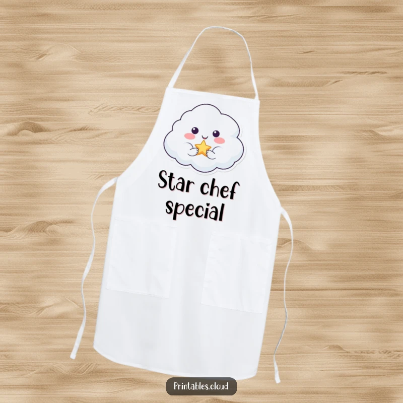 Funny apron showing a smiling cloud character offering a sparkling star, ideal for a magical and clean cooking experience.
