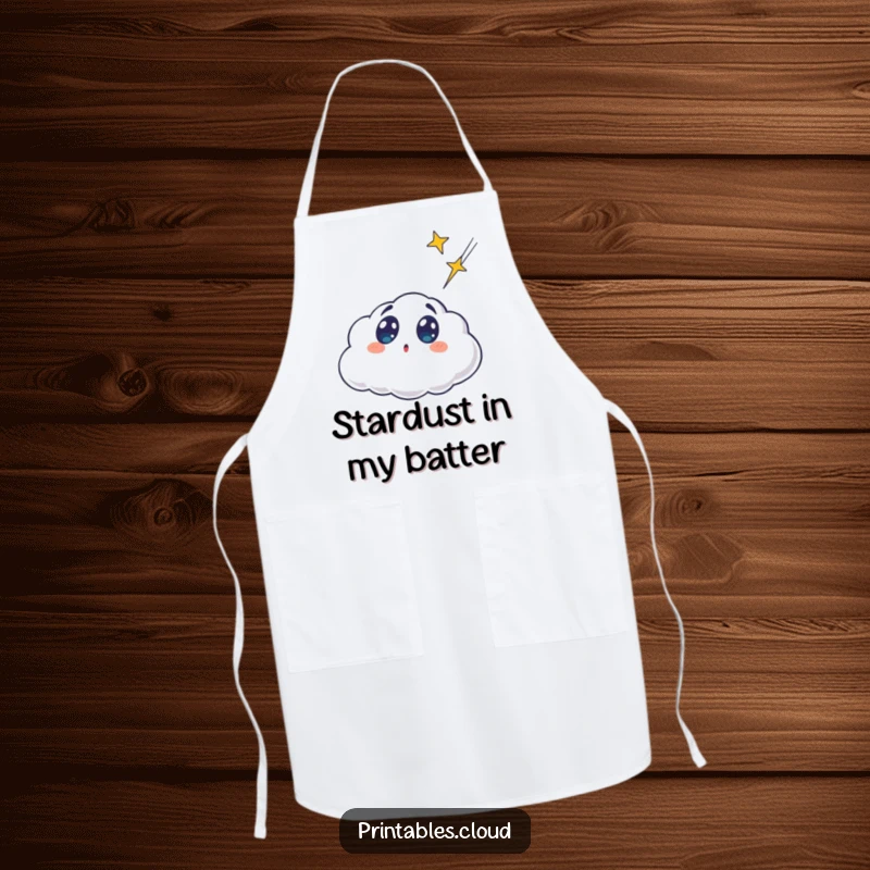 Funny surprised cloud character, amazed by a shooting star, on a practical apron, bringing humor to the kitchen.
