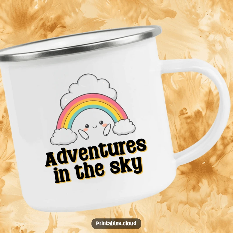 Funny camping mug featuring a mischievous cloud character creating a miniature rainbow, perfect for outdoor adventures and humor.