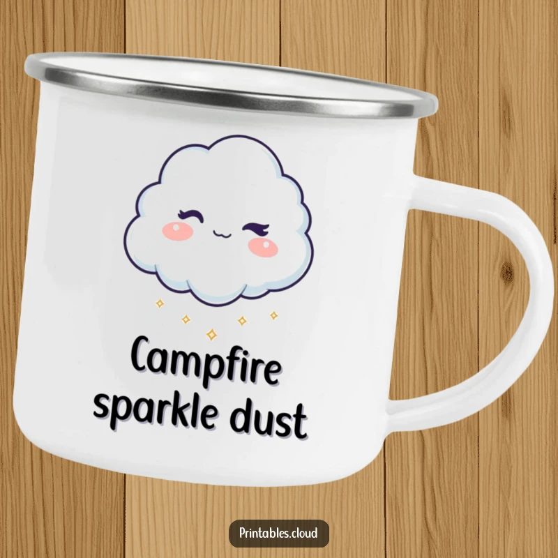Funny camping mug with a mischievous cloud character winking and dropping shimmering sparkles, perfect for outdoor enthusiasts and playful drinks.