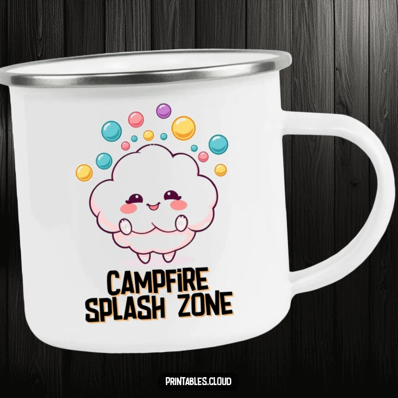 Funny camping mug with a delighted fluffy cloud character juggling colorful raindrops, perfect for outdoor adventures and cheerful drinks.