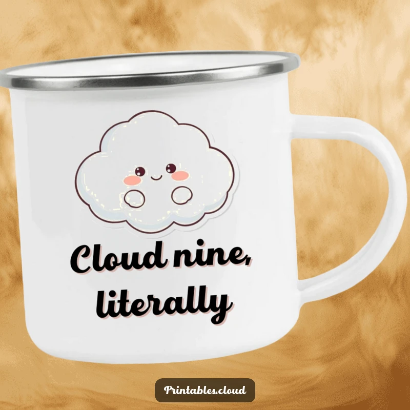 Funny Cloud Camping Mug displaying a lazy, smiling cloud character, perfect for enjoying beverages outdoors with a humorous and relaxed vibe.
