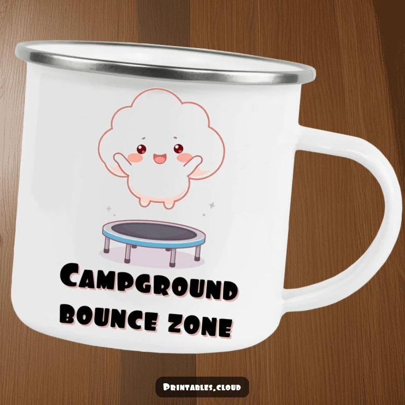 Funny camping mug showing a cheerful cloud character bouncing on a trampoline, perfect for energetic outdoor sipping.