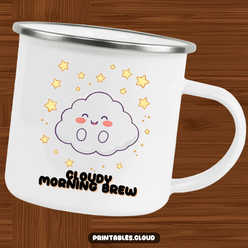 Funny Camping Mug: A happy cloud character giggles while rolling through a star-filled sky, perfect for outdoor drinks.