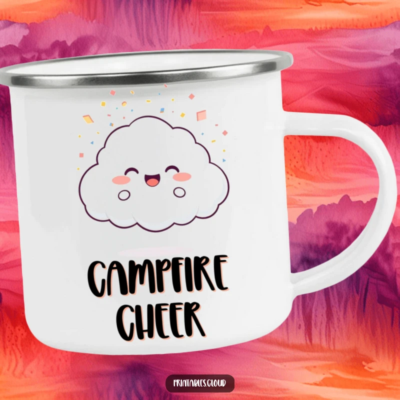 Funny Camping Mug: A joyful cloud character showers light particles like confetti, perfect for adding humor to outdoor parties.