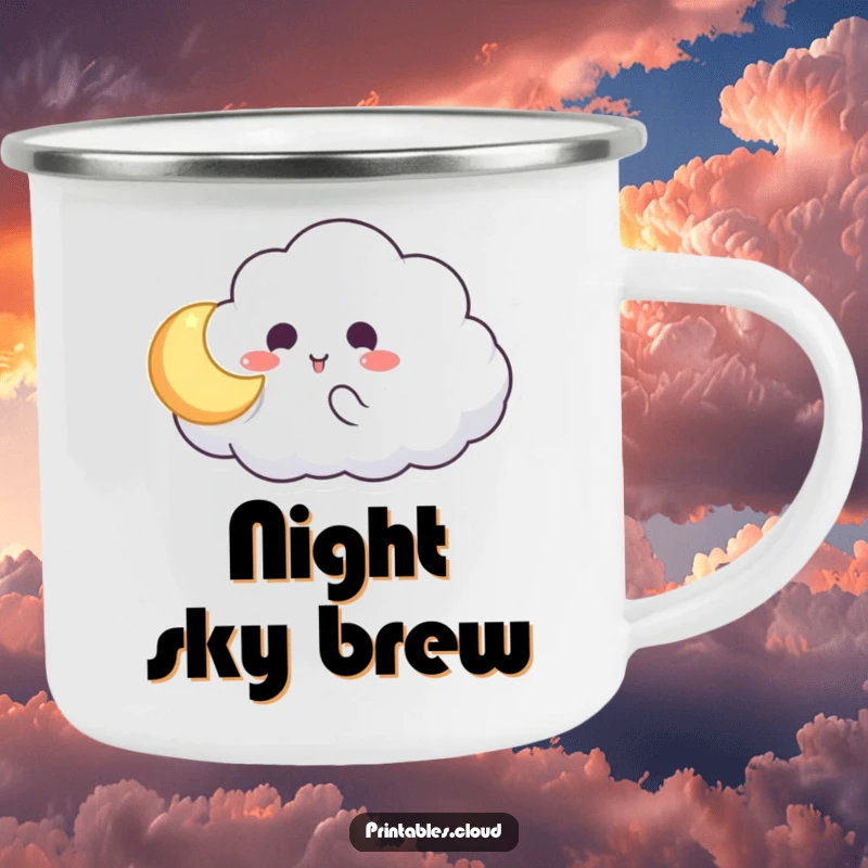 Funny camping mug with a cloud character playing catch with a glowing moon, outdoor adventure theme, humorous and durable gift.