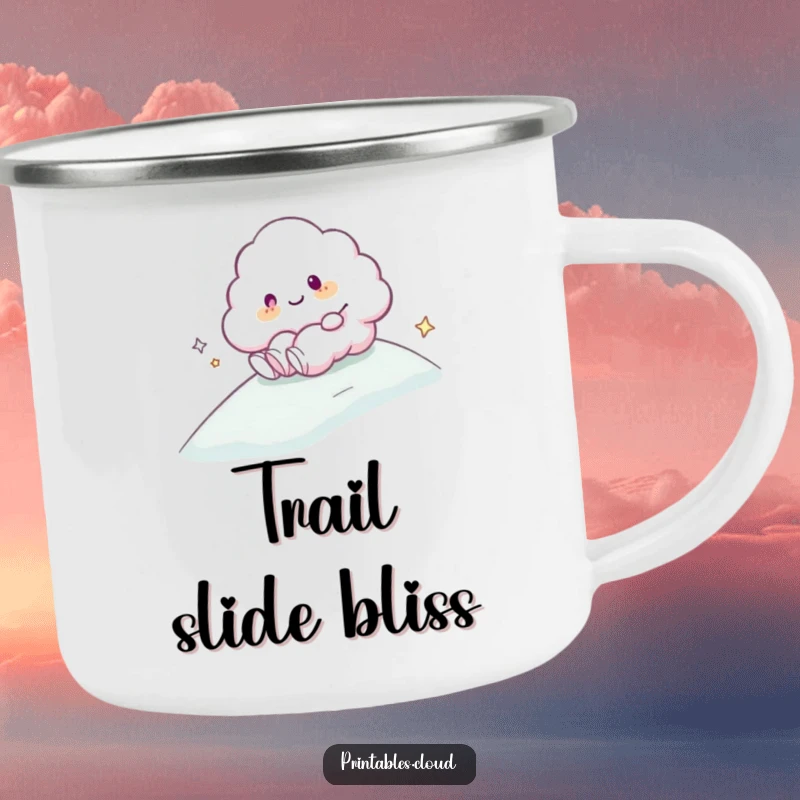 Funny Camping Mug: A cloud character happily sliding down a gentle, misty slope, bringing smooth fun to your adventures.