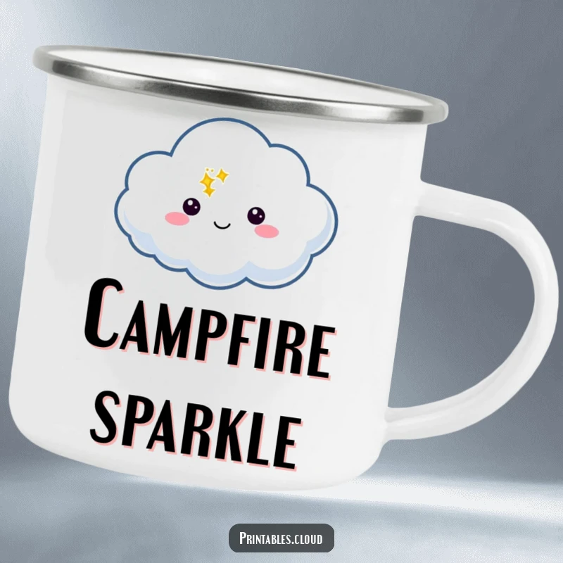 Funny Camping Mug featuring a cloud character with a speech bubble containing a bright twinkle, perfect for outdoor inspiration.