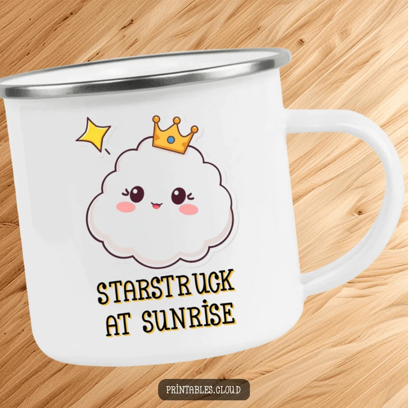 Funny camping mug with a crowned cloud character looking surprised at a shooting star, perfect for outdoor enthusiasts and cozy drinks.