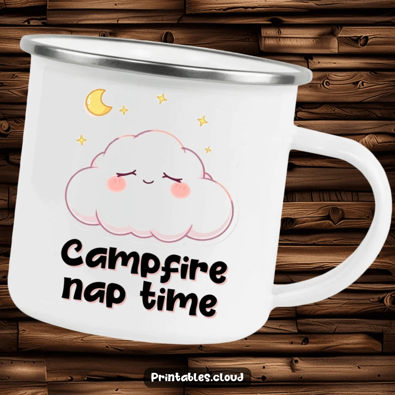 Funny Camping Mug: Durable mug featuring a dreaming cloud character snoozing peacefully, perfect for serene outdoor relaxation.