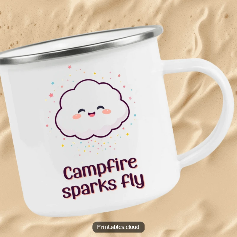 Funny enamel camping mug featuring a giggling cloud character spilling sparkling confetti, ready for festive adventures.