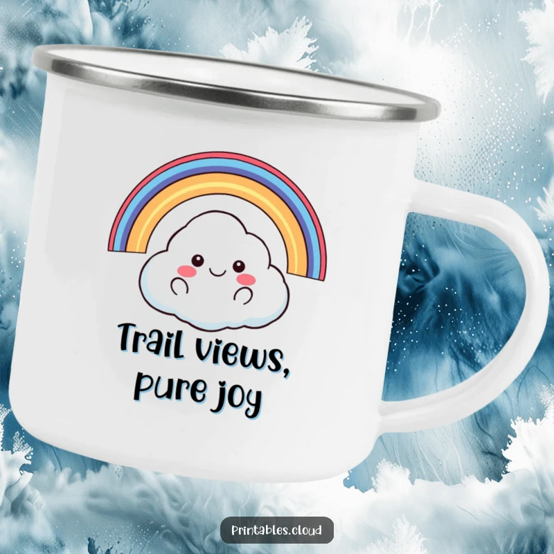 Funny happy cloud floating with rainbow arching over it camping mug, outdoor gear, cheerful and vibrant, great funny gift.