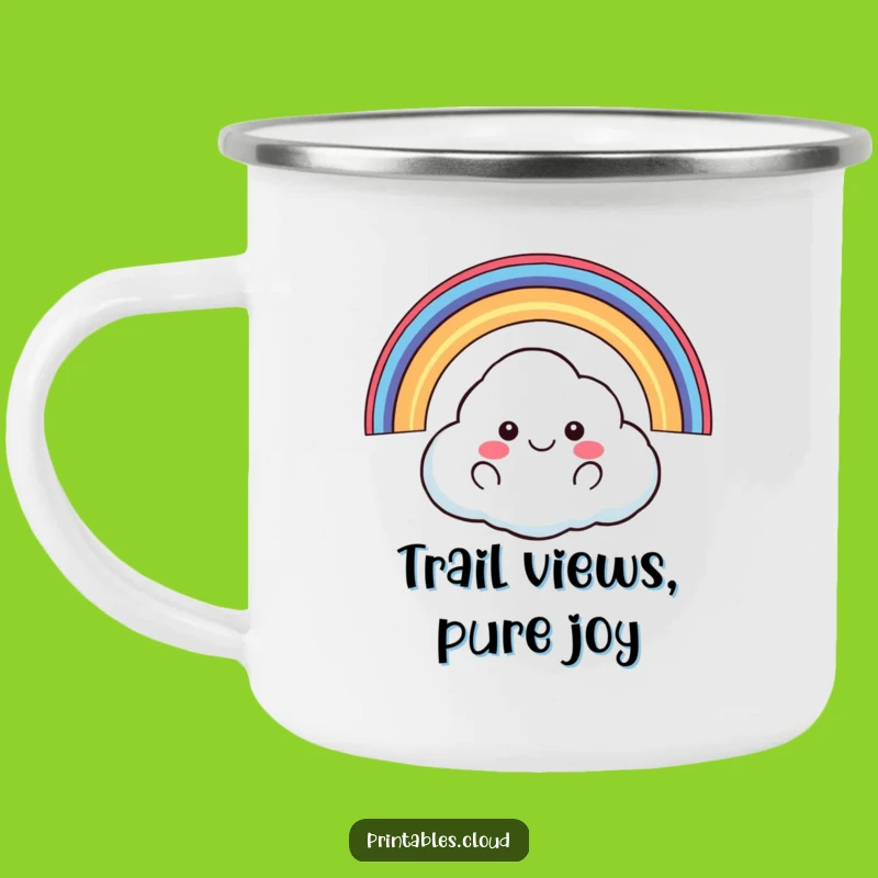 Funny Happy Cloud Camping Mug: Adventure Under Rainbow Skies