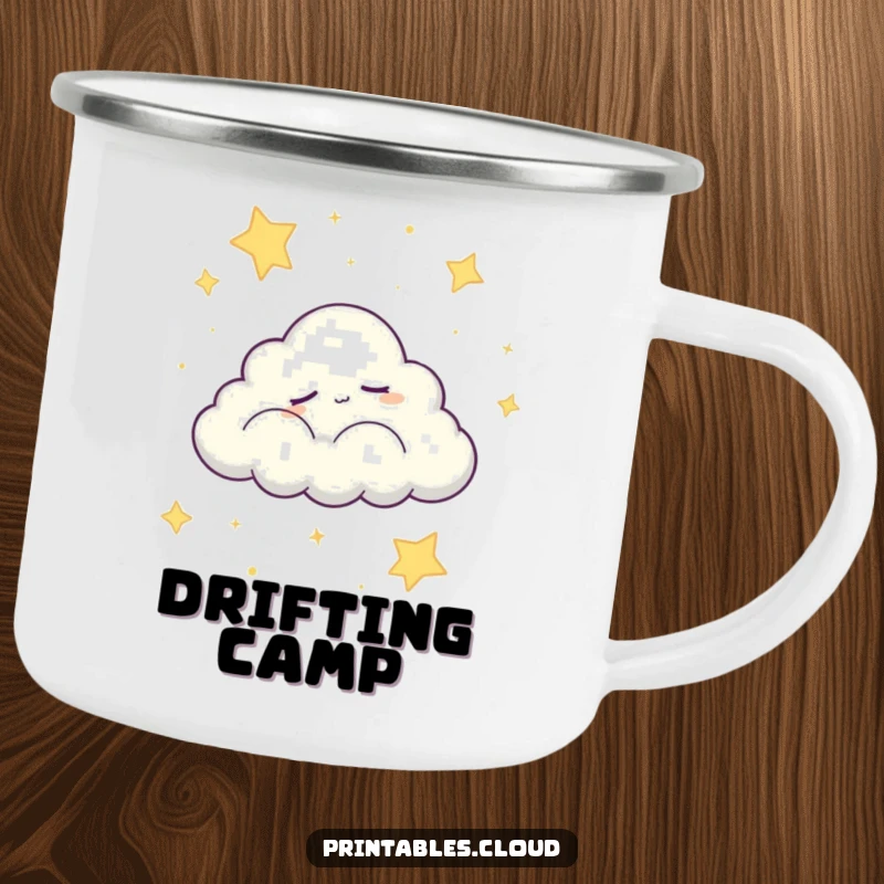 Funny camping mug with a sleepy cloud character peacefully drifting across a starry night sky, a humorous illustration for campers.