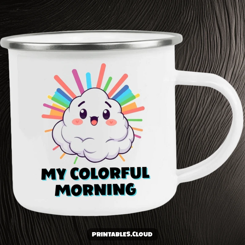 Funny camping mug showing a surprised cloud character bursting with a rainbow, great for outdoor colorful fun.