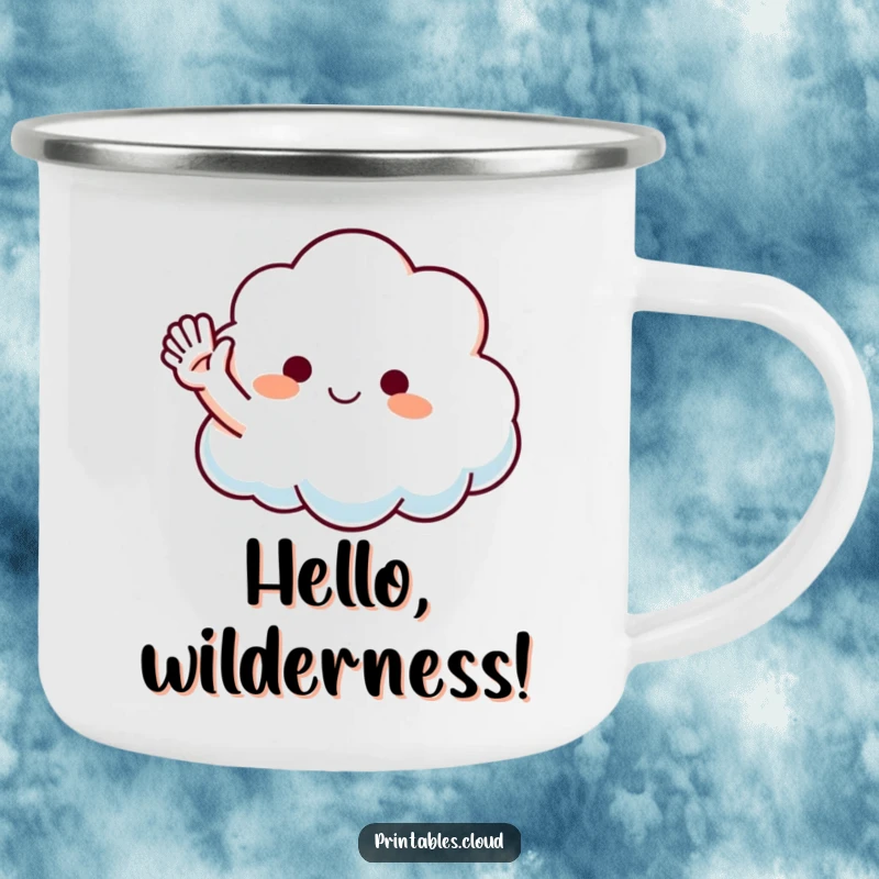 Funny Waving Cloud Camping Mug with a fluffy cloud character waving hello, perfect for enjoying beverages outdoors with a friendly and humorous spirit.