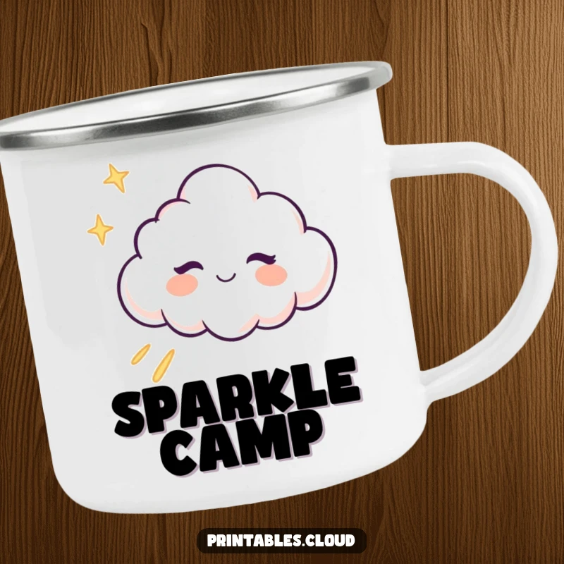 Funny Camping Mug: A winking cloud character winks, leaving a trail of glitter, perfect for adding playful humor outdoors.