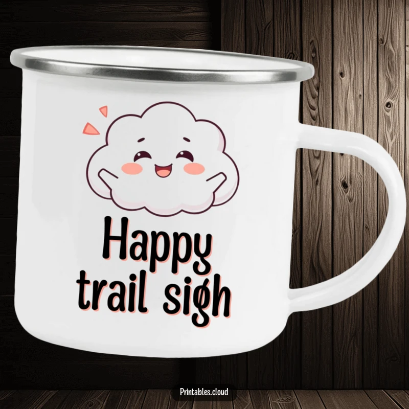 Funny enamel camping mug with a joyful cloud character exhaling a happy sigh, perfect for enjoying tranquil outdoor sips.