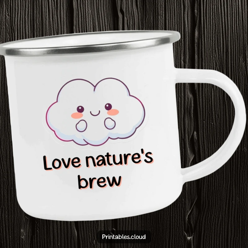 Funny camping mug showing a heart-shaped cloud character floating happily, perfect for enjoying warm drinks outdoors with a touch of love.