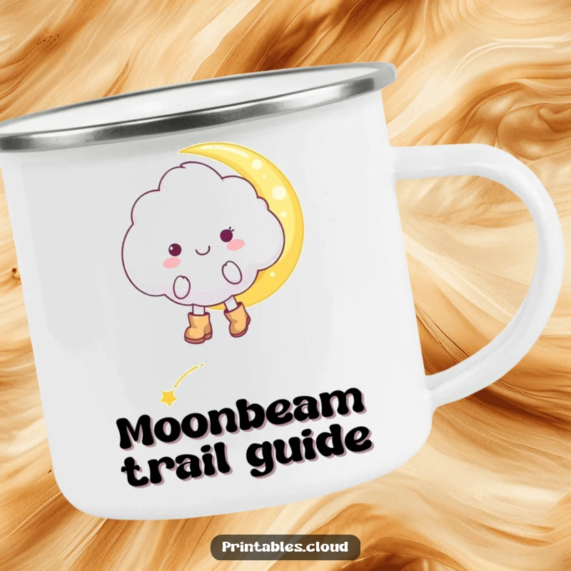 Funny cheerful cloud character, in tiny boots, tiptoeing on a moonbeam, on a sturdy camping mug, for humorous outdoor journeys.