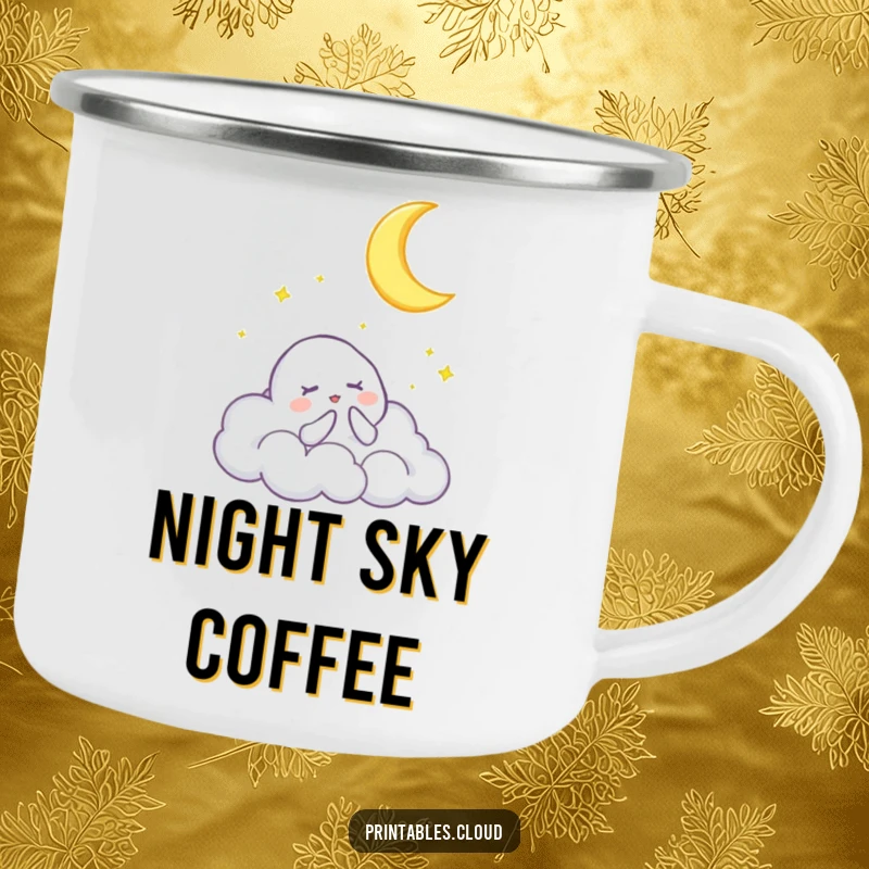Funny camping mug showing a cloud character singing a lullaby to a crescent moon, perfect for enjoying warm drinks outdoors.